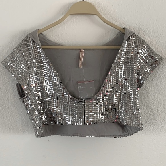 Free People Silver Sequin Cropped Hooded Shrug - Picture 7 of 13